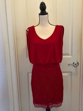 New Laundry By Shelli Segal Red Blouson Lace-Trim Mini Dress